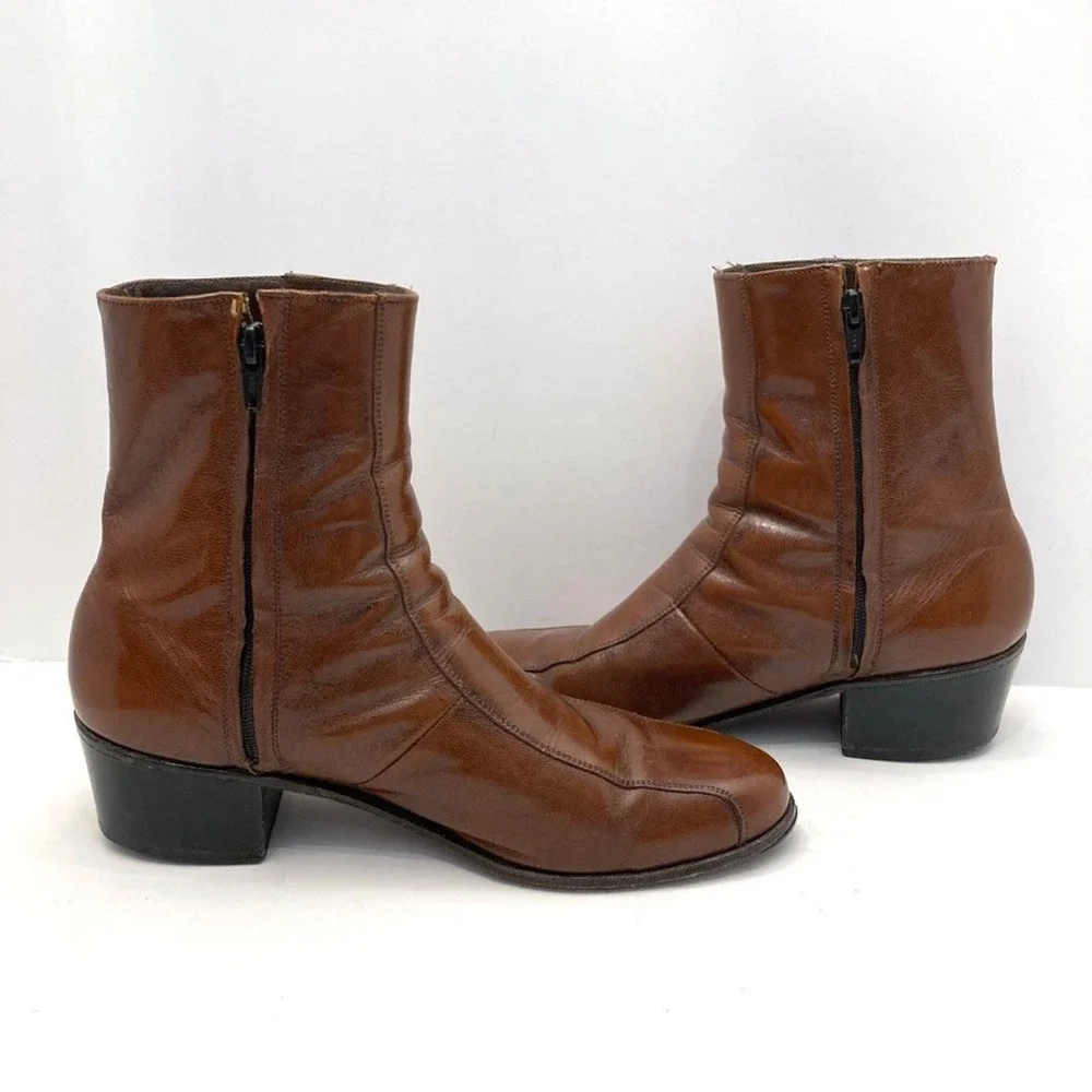 Vtg Florsheim Brown Leather Boots Mens 8.5 D 3215 Side Zip Beatle Moto Retro
